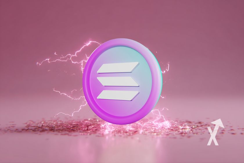 coin solana en rose sur un fond rose avec de l'électrcité autour du token