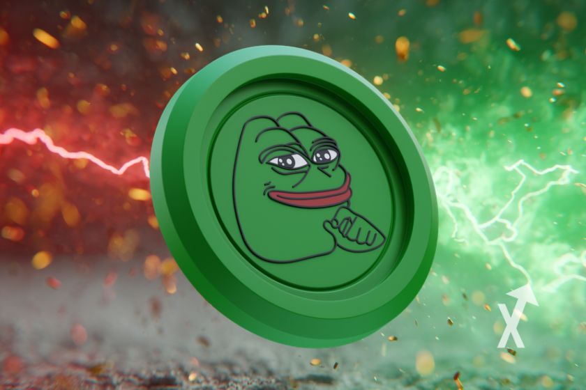 coin PEPE sur un fond mi vert mi ruge avec éclaires verts et rouges et des pierres qui volent