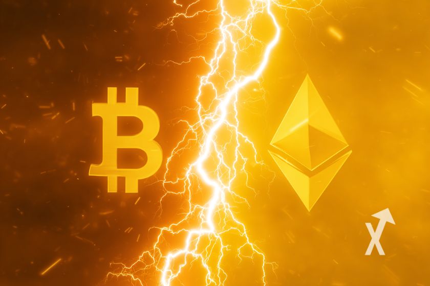Bitcoin logo et Ethereum logo en jaune sur fond orange et jaune avec un éclair au milieu