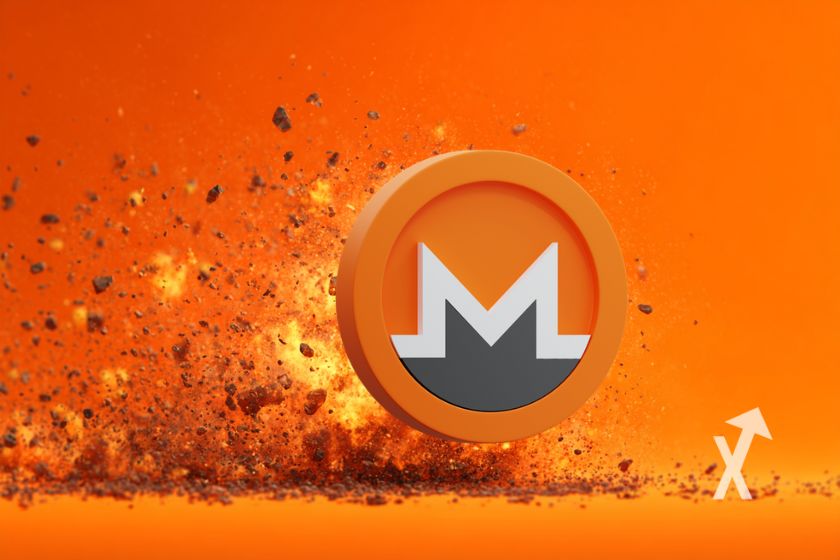 coin Monero XMR en orange sur fond orange avec explosions derrière
