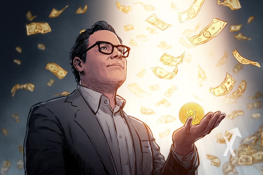 Tom Lee qui tient un Ethereum dans sa main sur un fond lumineux et des dollars qui tombent du ciel