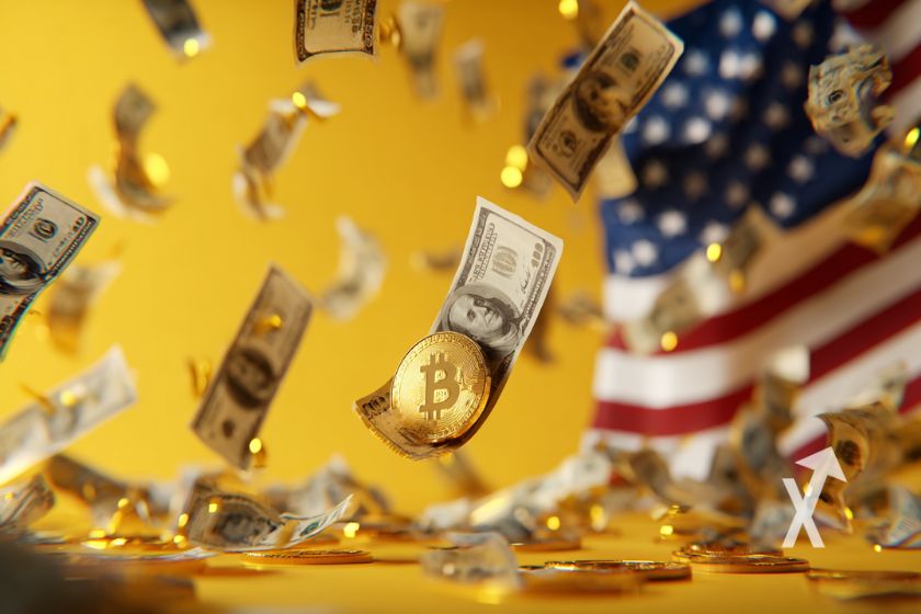 dollars et Bitcoin coins partout sur un fond jaune avec un drapeau des USA derrière