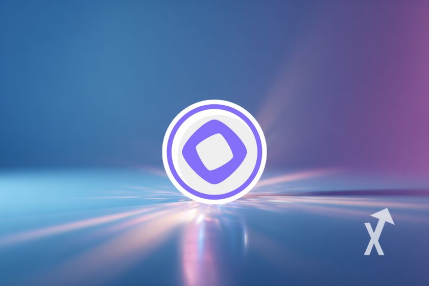 jeton MON de Monad sur un fond bleu violet et des faisceaux lumineux autour