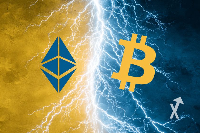 Icon ethereum et Bitcoin en jaune et bleu avec fond moitié jaune moitié bleu avec de la foudre entre les deux