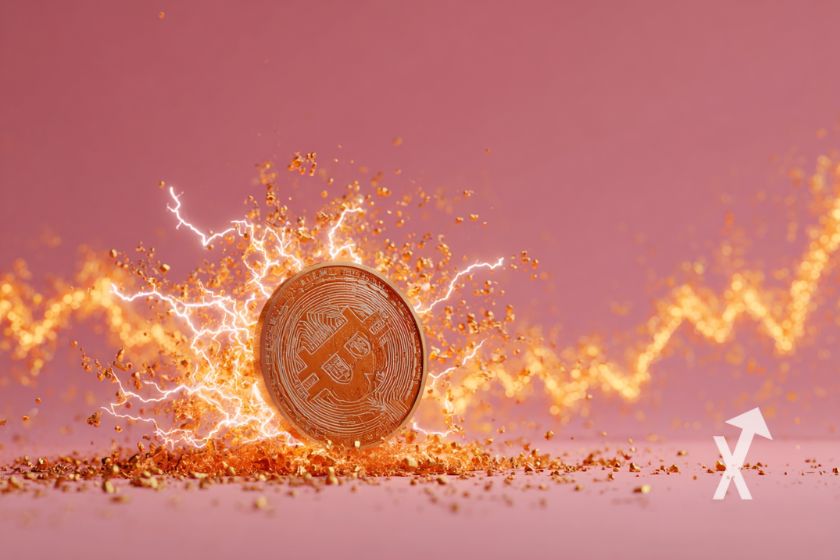 Bitcoin coin avec étincelles derrières et une trendline price en orange sur un fond rose