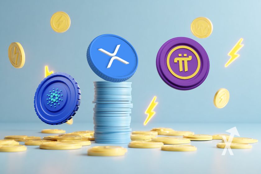 coin ADA, XRP et PI sur un fond bleu avec des coins en or partout et des éclairs jaunes