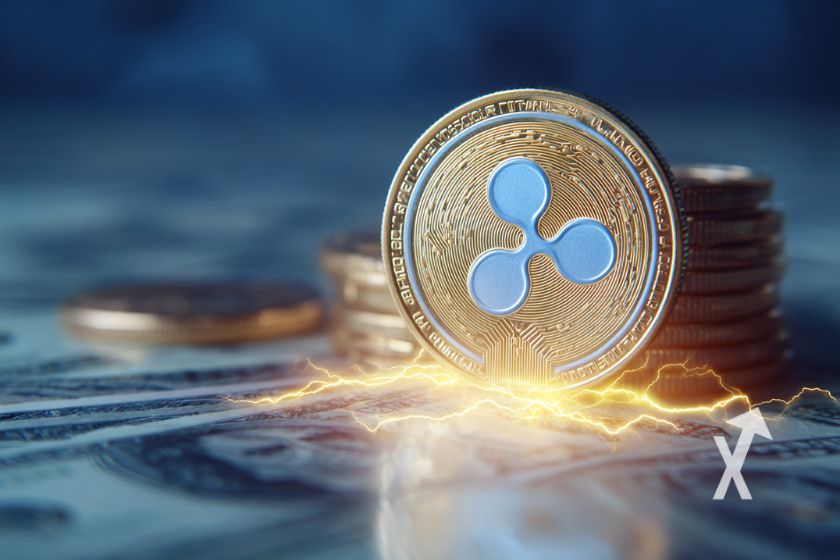 coin XRP sur un fond de billets dollars bleu et étincelles en dessous du jeton