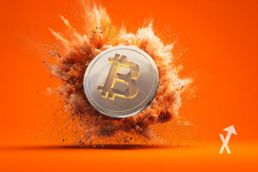 coin Bitcoin en gris sur une explosion orange et un fond orange