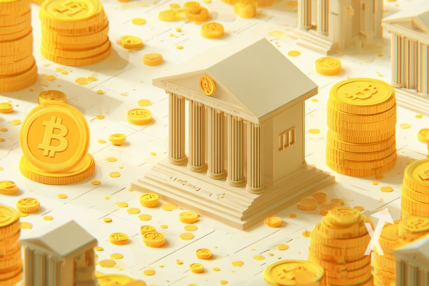 Banque blanche en papier sur un fond blanc avec des Bitcoins partout