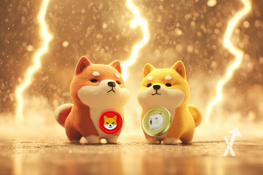 chiens en peluche avec des colliers coin Shiba inu et Dogecoin sur un fond jaune avec des éclairs lumineux