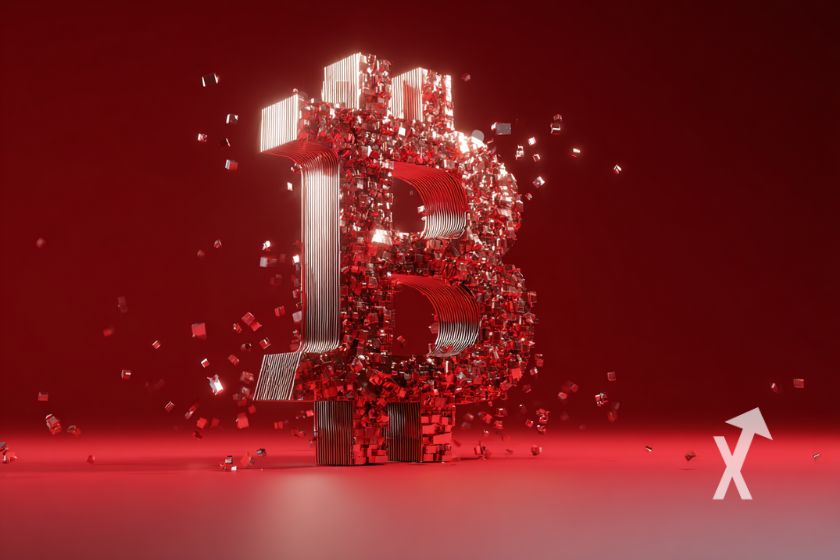 Bitcoin logo en rouge qui se décompose sur un fond rouge