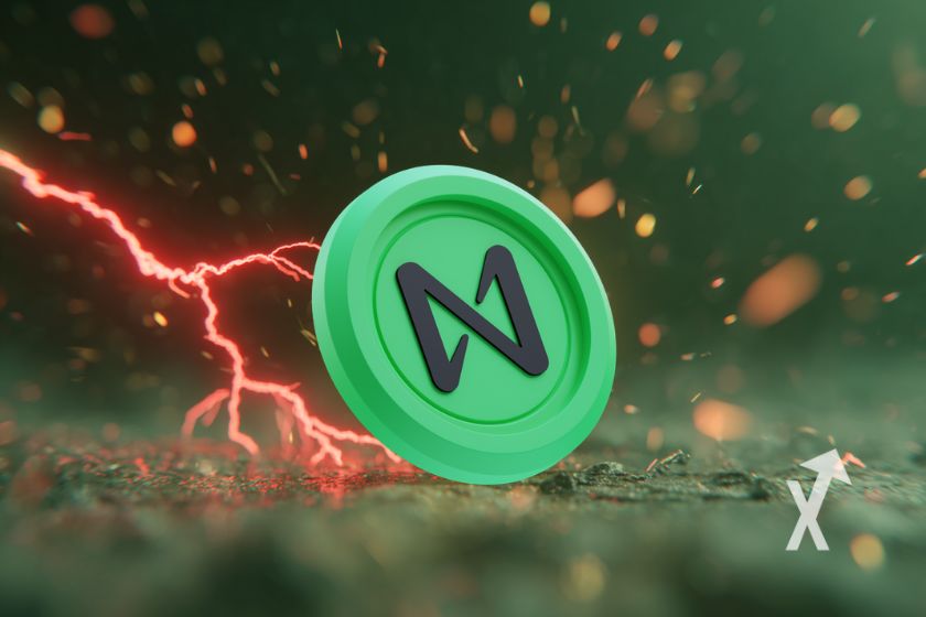 coin NEAR sur un fond vert avec un éclair rouge et des lumières oranges