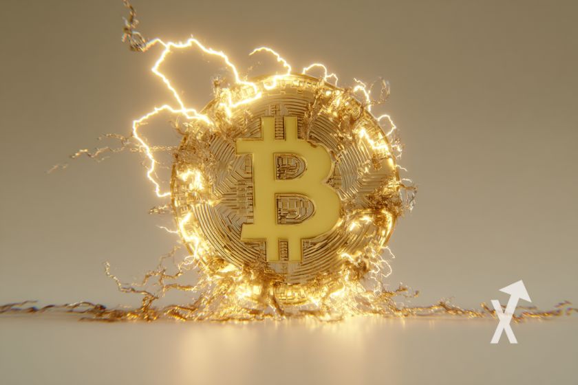 coin Bitcoin dans des éclairs jaunes avec un fond gris