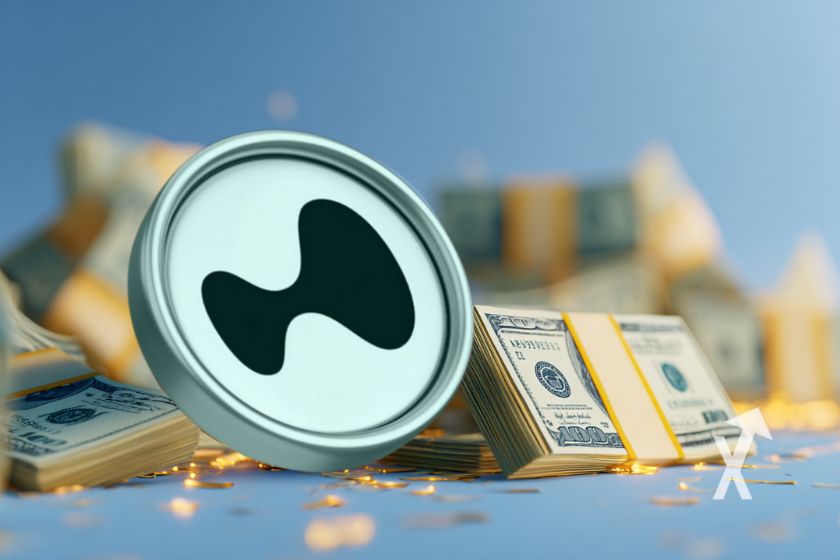 hyperliquid coin sur un fond bleu avec des liasses de dollars en fond