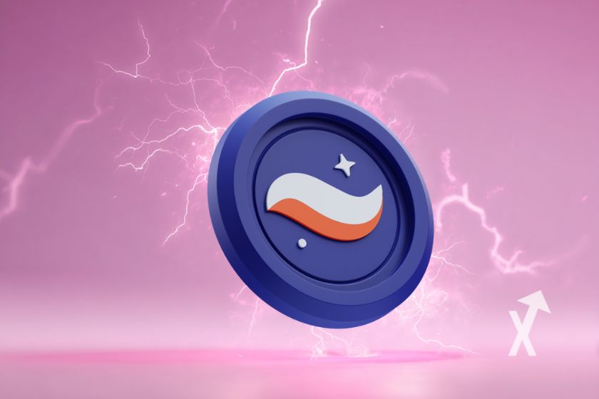 Coin STRK starknet en bleu sur un fond rose avec électricité