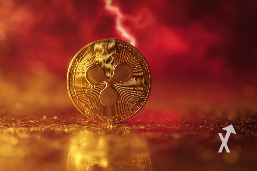coin XRP en jaune sur fond de tempête avec un ciel rouge et un éclair rouge