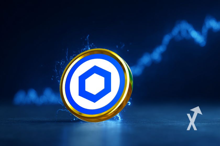 coin LINK de chainlink sur un fond bleu avec une trendline de prix en bleue derrière