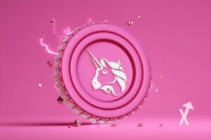 coin UNI de Uniswap en rose sur un fond rose avec des éclat de pierre derrière