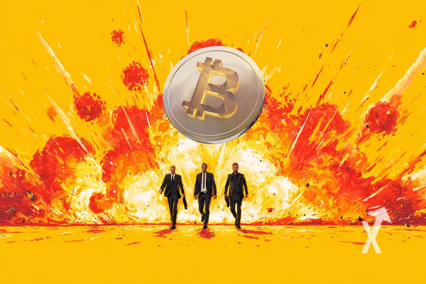 3 hommes en costumes noirs sur un fond jaune avec une explosion derrière et un coin Bitcoin en 3D gris