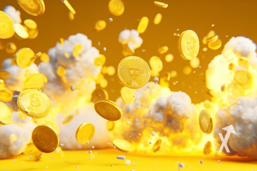 Des coins Bitcoin jaune partout sur un fond orange avec de la fumée et explosions jaunes