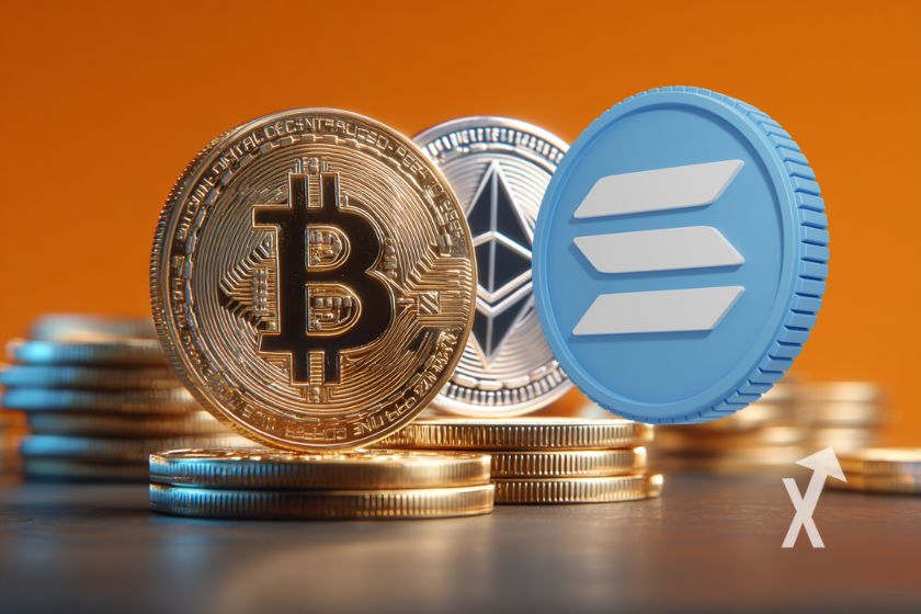 coins Ethereum Bitcoin Solana, sur un fond orange et posés sur des tokens