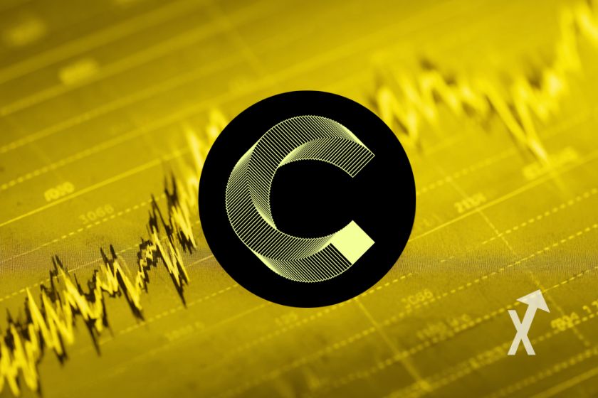 coin cantone network CC logo sur un fond jaune avec une trendline de graphique