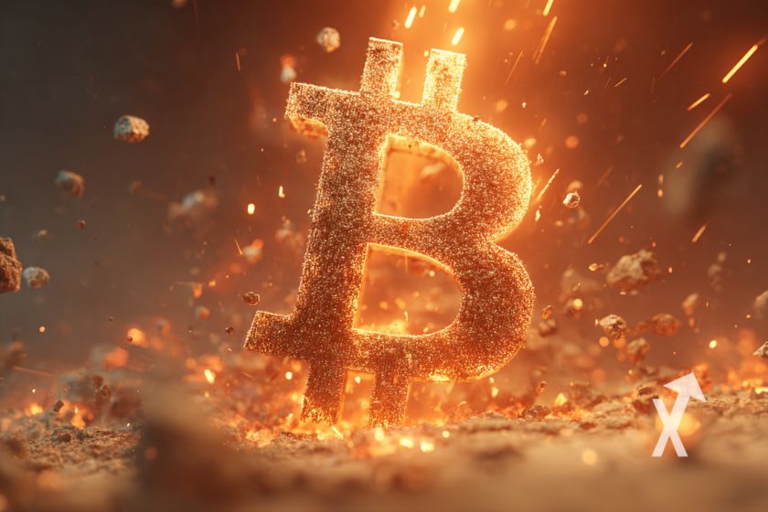 Bitcoin logo en orange qui brille comme de la lave, sur un fond gris de tempête