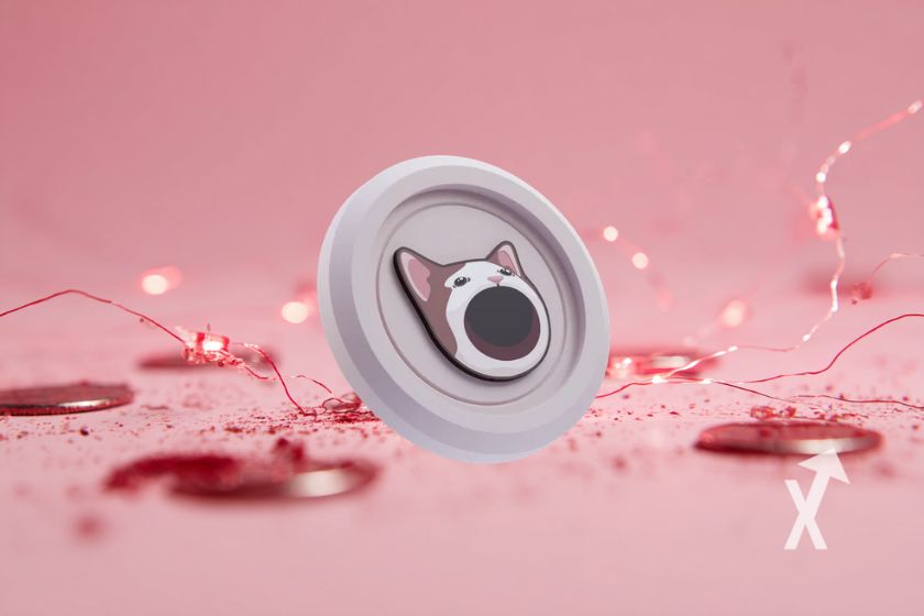 Coin POPCAT sur un fond rose avec des fils colorés rouges autour et des alarmes rouges