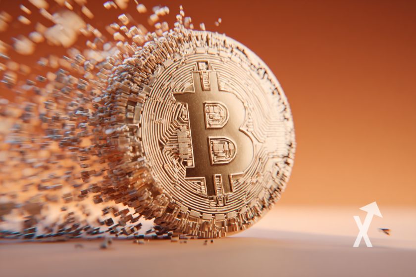 coin Bitcoin en marron qui se désintègre sur un fond orange