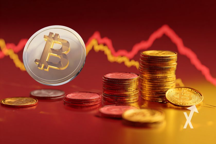Coin Bitcoin en gris sur un fond rouge et jaune avec des tokens empilés à droite et une trendline rouge en fond
