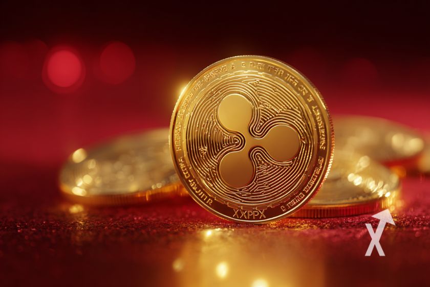 coin xrp sur un fond rouge avec d'autres jetons posés en dessous