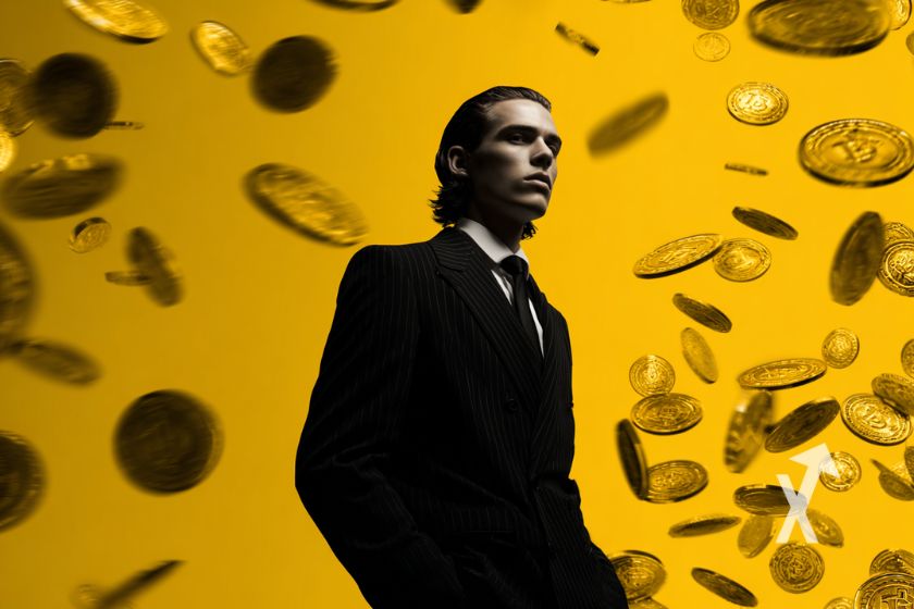 jeune homme en costume noir sur un fond jaune avec billets dollars et coin bitcoin qui volent autour