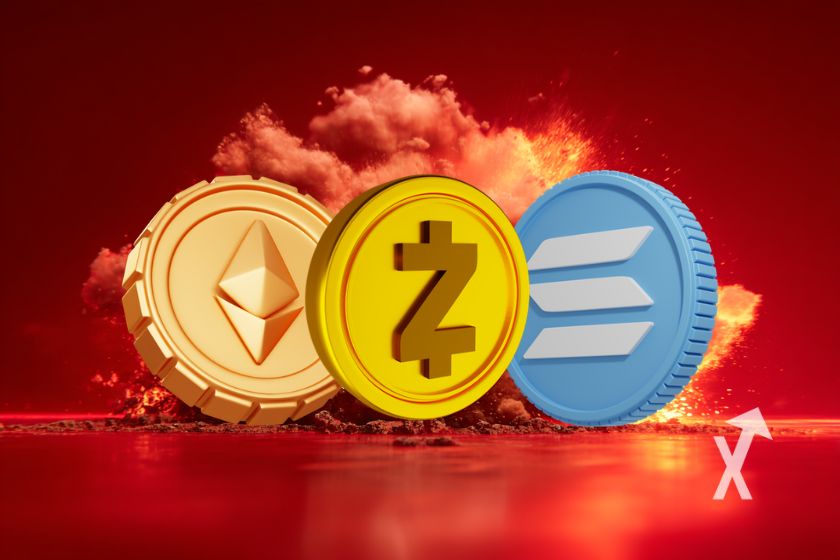 coin Zec, SOL, ETH sur un fond rouge avec une explosion rouge