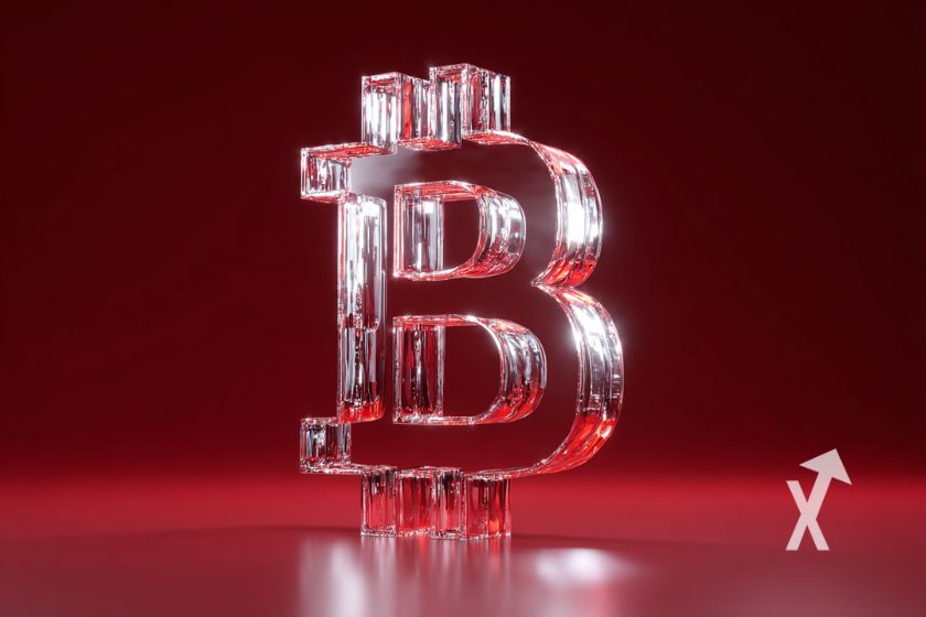 Bitcoin logo transparent en verre. sur un fond rouge