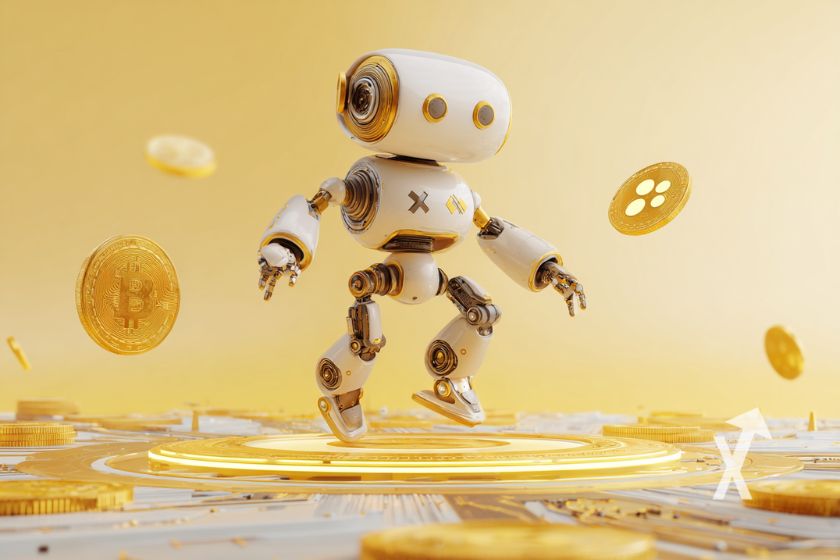 Robot blanc sur un fond jaune avec des coins Bitcoin et xrp autour dans les airs.