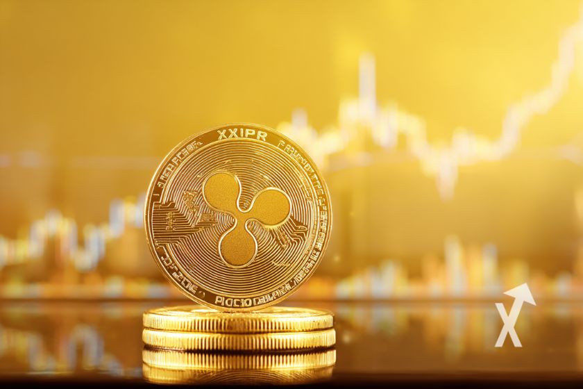 Coin XRP en jaune sur un fond jaune avec une trendline de prix en fond