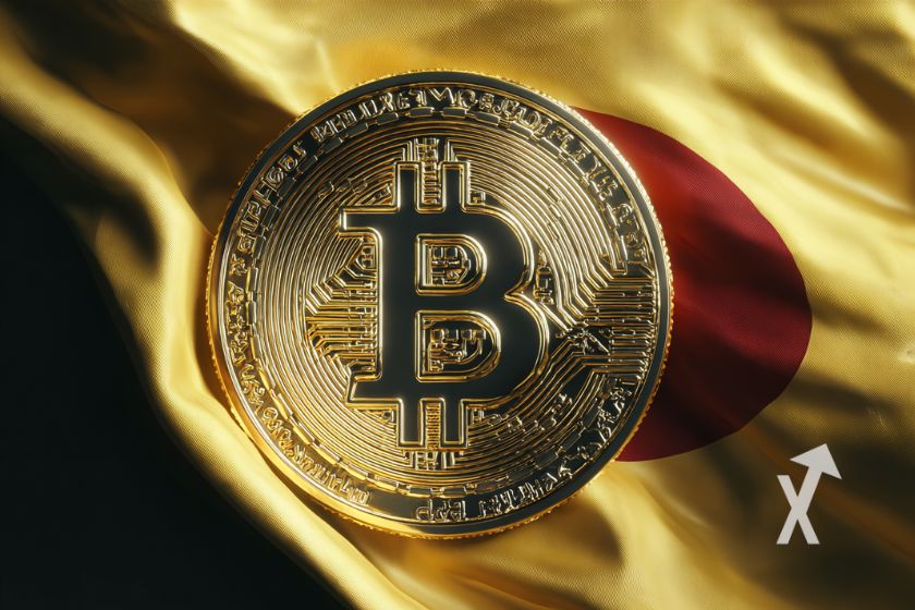 Coin du Bitcoin sur un drapeau du japon doré