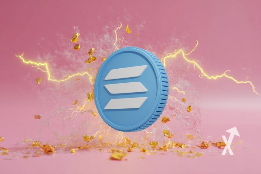 coin Solana sur un fond rose avec des éclairs jaunes autour