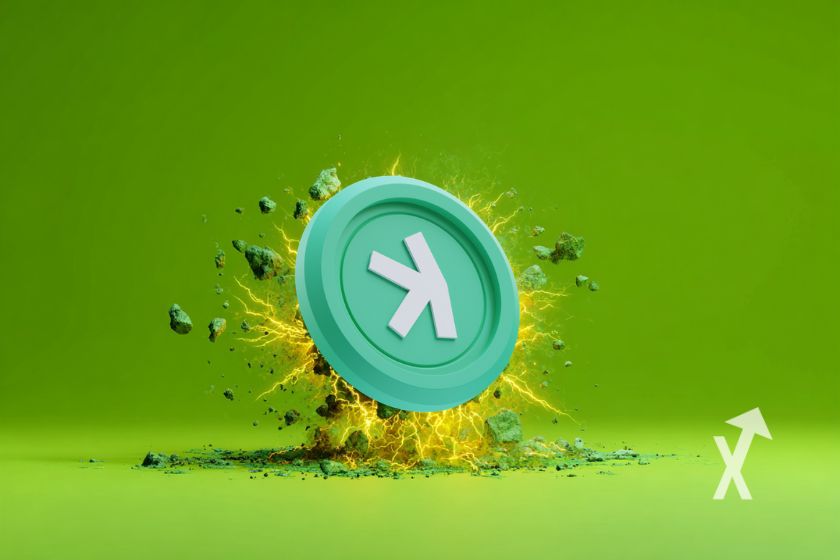 coin Kaspa KAS sur un fond vert avec explosion derrière le coin