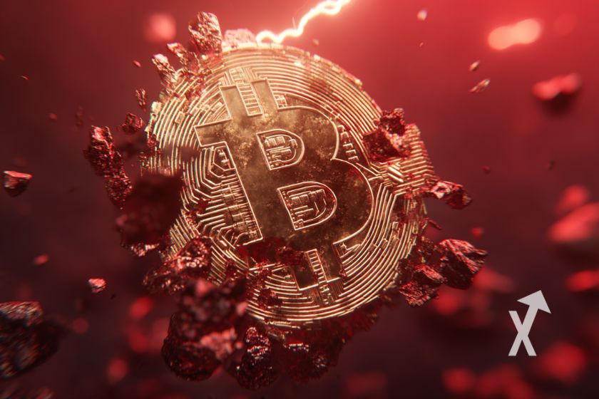 coin Bitcoin qui se désintègre sur un fond rouge avec des rochers autour
