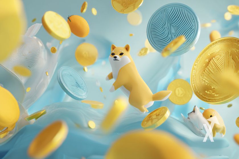 Coins tokens en jaunes qui volent et un chien Shiba Inu au milieu dans les airs, le tout dans un ciel bleu