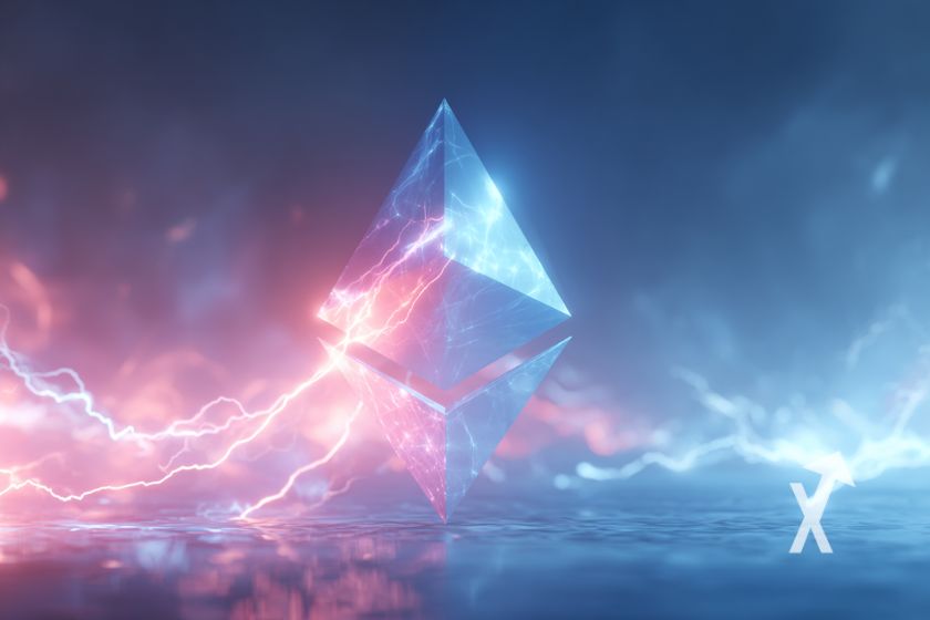 logo Ethereum en bleu et rose sur un fond bleu et rose avec des éclairs de lumières
