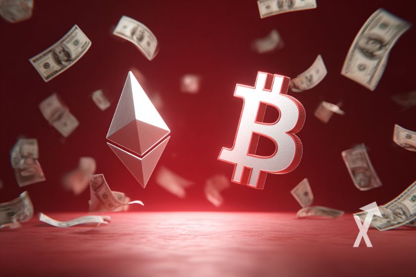 logo Bitcoin et Ethereum en rouge sur un fond rouge avec des billets dollars qui volent