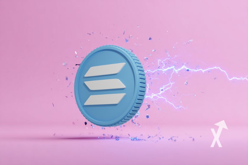 coin Solana en bleu sur un fond rose ave électricité autour