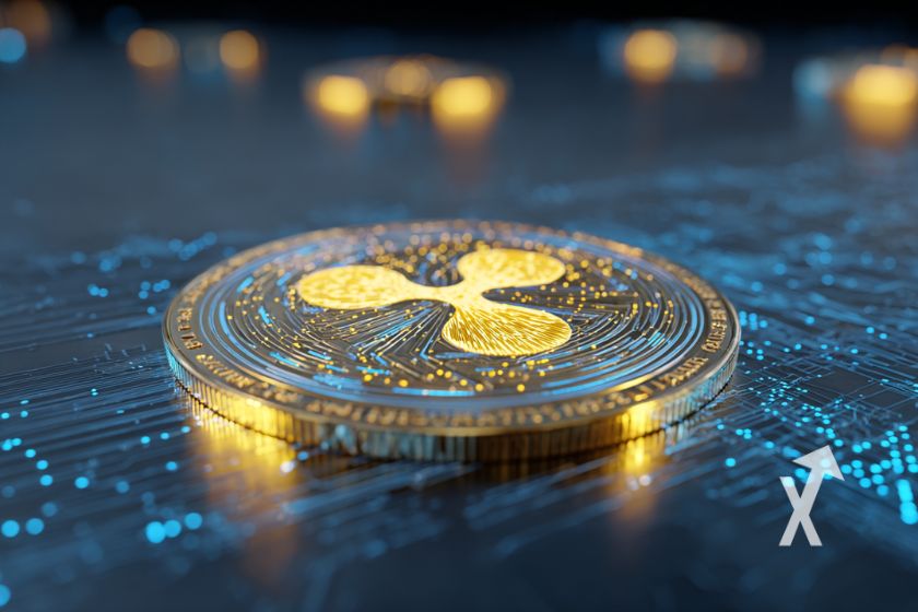 coin XRP avec logo en jaune sur un blockchain bleu et points lumineux jaunes