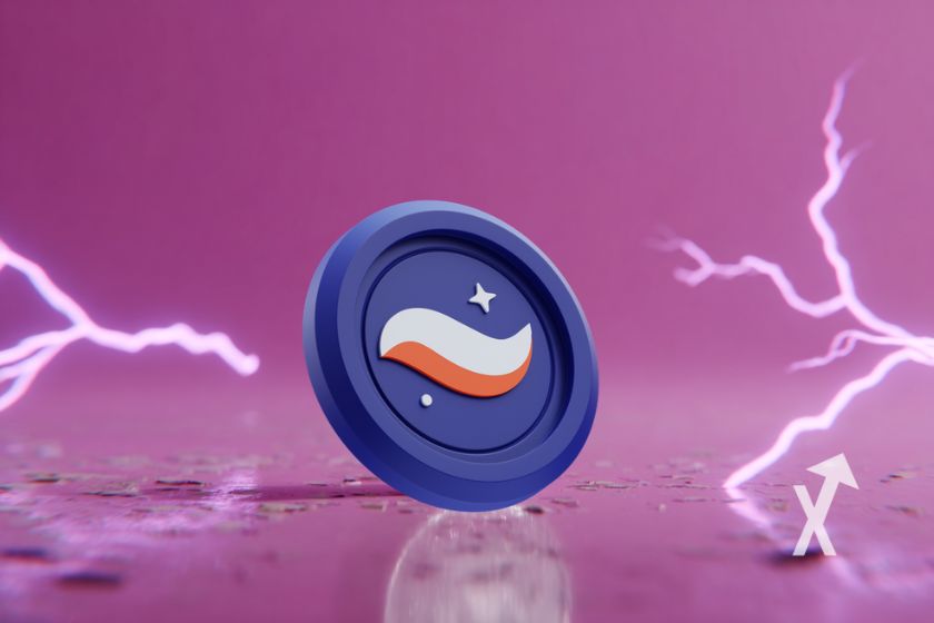 coin Starknet STRK sur fond rose avec éclairs