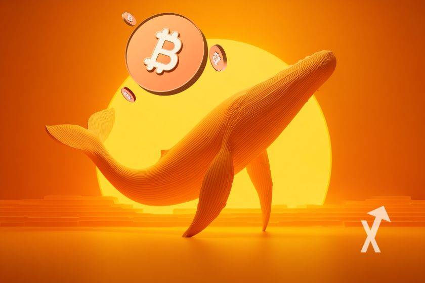 Baleine sur un fond orange et un soleil jaune en fond et un Bitcoin coin orange au-dessus