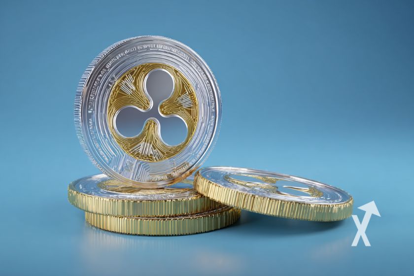 coin XRP avec un fond bleu et trois autres jetons empilés en dessous