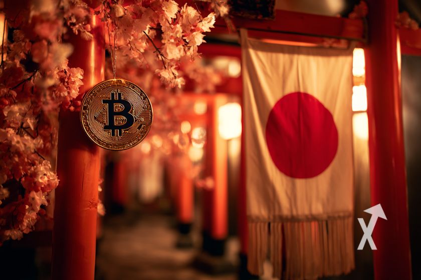 Coin Bitcoin accroché à un pillier dans une cours Japonaise et drapeau du Japon supendu au plafond