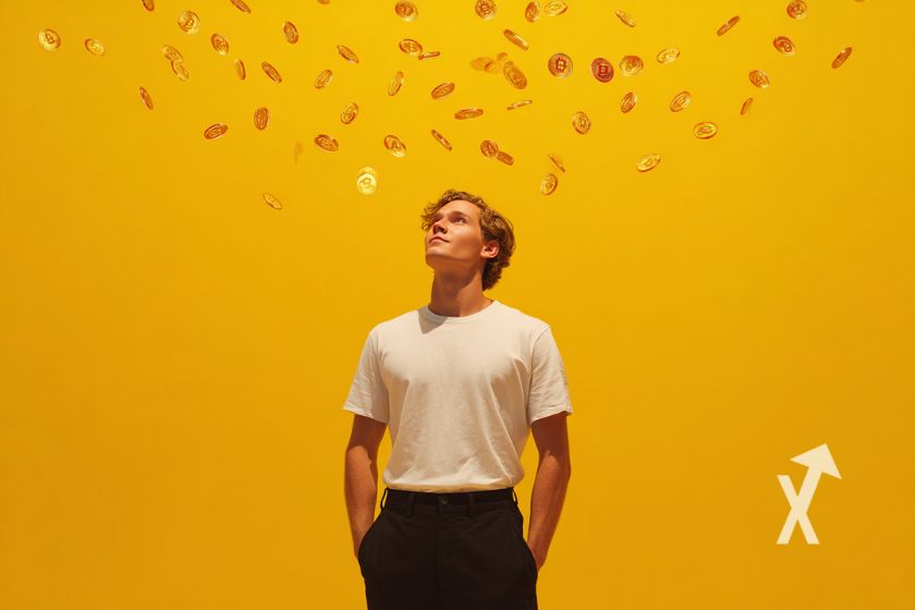 Homme avec t-shirt blanc sur un fond orange avec des petits Bitcoin au-dessus de lui